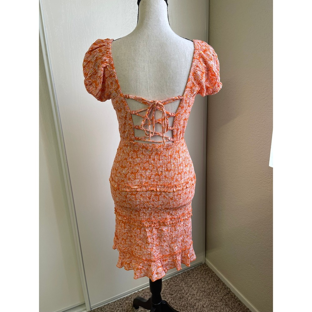 Sim & Sam Womens Small Dress Orange Daisy Floral Smocked Puff Sleeve Mini - Picture 3 of 11